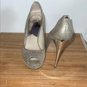 Michael Antonio Shimmering Silver Peep-Toe Heels